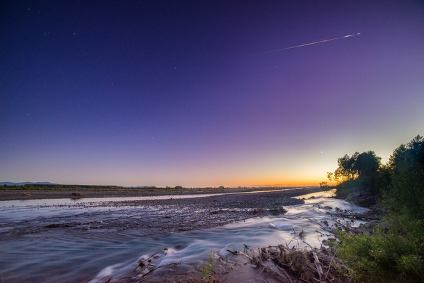 An Orionid meteor at yesterdays sunrise - taken on the banks of the Waimakariri river Canterbury New Zealand 