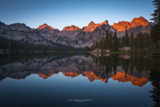Morning color hits the Sawtooths at Alice Lake Idaho Photo by Scotty Perkins