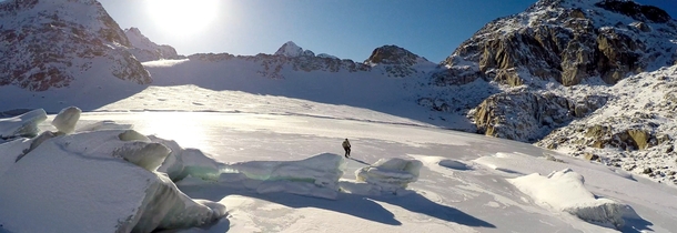 My buddy skating on a lake at  with icebergs frozen into the sheet 