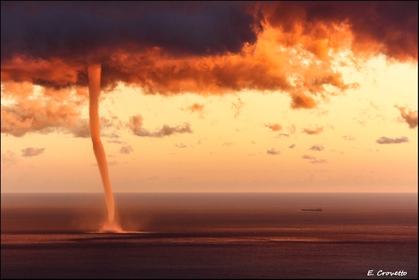 Waterspout at Sunset- Gulf of Genova Italy  photo by Emanuele Crovetto