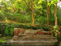  century sculpture of Vishnu sleeping on the serpent Seshnag in Bandhavgarh national park India