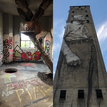  ft tall abandoned grain silo in West Nashville Theres one flight of stairs up to this room on the left From there you can climb the ladder STRAIGHT up to the top Very sketchy