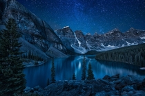  It was too cold to sleep that night so I went and took a picture of Moraine Lake under the night skies 