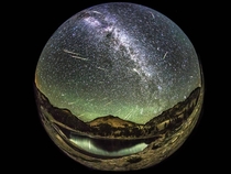  Perseid Meteors over a volcano and glacier carved lake 
