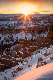 A beautiful shot from the bottom up of a snowy Bryce Canyon in Utah at sunrise  Photo by Michelle Pilling