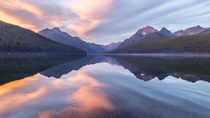 A calm sunset on Bowman Lake Glacier National Park 