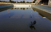 A chair stands in a deserted swimming pool at the Olympic Village in the town of Thrakomakedones north of Athens 