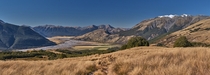 A classic Canterbury viewpoint - Tussock grass meandering river and mountains Taken from the Bealey Spur Track New Zealand 