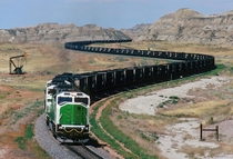 A coal train swings through the curves at Sully Springs North Dakota