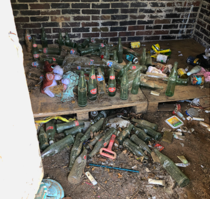 A Collection of old Bottles in a Shed Behind an Abandoned House