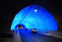 A colorful cavern inside the new  km long Ryfylke Tunnel near Stavanger Norway When opened it will be the worlds longest and deepest undersea road tunnel 