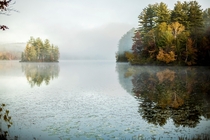 A foggy fall morning over a quiet pond Vermont USA madisonannestudio 