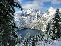 A glimpse of Upper Thornton Lake in North Cascades National Park WA 