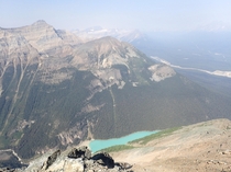 A lesser seen view of Lake Louise on a smokey day 