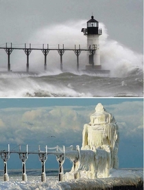 A lighthouse in Michigan before and after major ice storm
