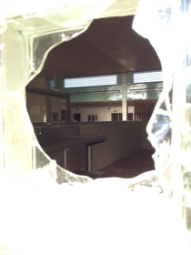 A look inside the cafeteria through a broken window at Medfield State Hospital The same asylum where Shutter Island was filmed 