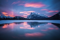 A March sunrise at the second Vermilion Lake in Banff National Park The sky lit up beautifully above Mount Rundle and the sulfurous shoreline of the lake provided a mirror of the scene  Photo by Callum Snape