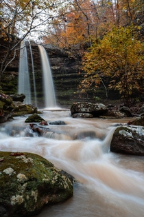 A muddy and cold bushwhack in the rain finally ended in this gem Comptons Double Falls in the Upper Buffalo Wilderness Arkansas 