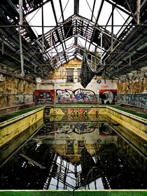 A murky swimming pool inside an abandoned school in Leeds England 