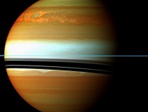 A Raging Storm System on Saturn Seen in the northern hemisphere it raged for  months before it finally encircled the entire planet and faded away 