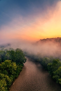 A scene Ive been picturing in my mind for years finally happened on Tuesday Heavy fog over Cuyahoga River with an incredible sunrise to illuminate it all Cuyahoga Valley National Park Ohio 
