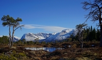 A small Norwegian pond framed by snowy mountains - Lometjnna Gloppen Norway 