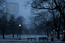 A snowy night and an empty Boston Common 
