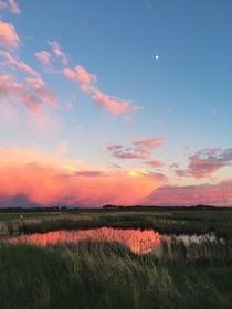 A storm on the horizon illuminated by the sunset near Grande Prairie Alberta Canada 