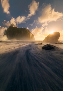 A sun star peaking over a sea stack along the coastline at Olympic National Park WA 