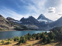 A sunny September afternoon looking up at Mt Assiniboine from the shore of Lake Magog British Columbia Canada   x 