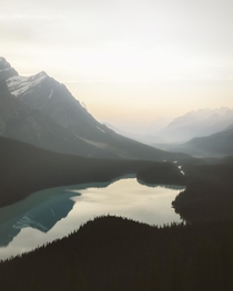 A super hazy sunset at Peyto Lake in Canada Definitely one of the most beautiful places I have ever been to 