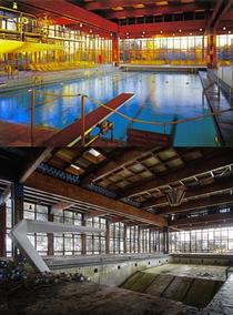 A then and now Grossingers Catskill Resort Hotel swimming pool Located in the Borscht Belt of New York State 