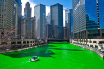 A view along the Chicago River on a Saint Patricks Day when it is traditionally dyed green 