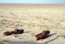 Abandoned boats on the bottom of the dried-out Aral Sea 