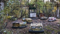Abandoned bumper cars in Pripyat Ukraine fairground - Chernobyl 