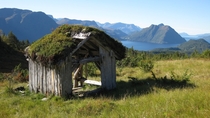 Abandoned cabin with a mossy rooftop in the Norwegian mountains with the Fjords in the background Anonymous Photographer 