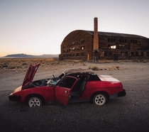 Abandoned car and hanger at the Tonopah Airport Nevada 