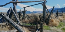 Abandoned corrals at the Two Bar Ranch with the Gates of Lodore in the background Browns Park Colorado