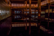 Abandoned engine factory nighttime long exposure 