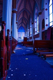 Abandoned pews at church on East Coast