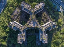 Aerial photo of abandoned unfinished construction of Khovrino Hospital in Moscow on May  