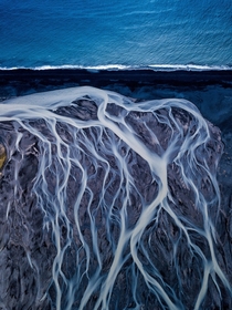 Aerial view of a glacial river in Southern Iceland 