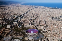 Aerial view of Barcelona while in the Camp Nou the farewell of legend Xavi its starting 