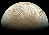 Although the phase of this moon might appear familiar the moon itself might not In fact this gibbous phase shows part of Jupiters moon Europa The robot spacecraft Galileo captured this image mosaic during its mission orbiting Jupiter from  -  