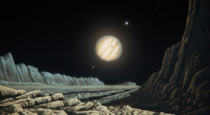 An Artists impression of a View from the Surface of Ganymede with its parent Planet Jupiter Moons such as Io and Europa in the Sky
