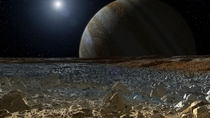 An Artists impression of The view from one of the Jupiters moons Europa