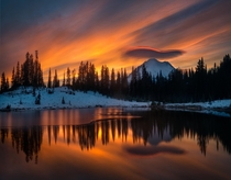 An underlit swooping lenticular cloud perfectly outlines Mt Rainier at Tipsoo Lake WA USA 