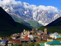 Ancient village of Ushguli in Georgia with Mt Shkhara in the background The elevation difference between the two is  m and distance only  km 