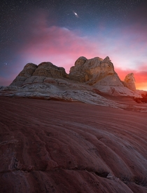 Andromeda Galaxy and Sunset over the unique rock formations of White Pocket Arizona 