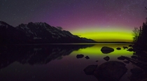 Another different view of the Grand Tetons from Jenny Lake during a super strong geomagnetic storm 